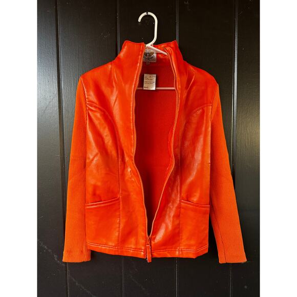 Fly Riders Orange Vegan Leather Ribbed Zip Jacket Moto Style Small - Picture 4 of 5